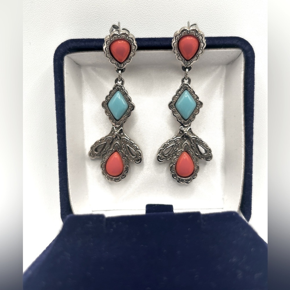 Vintage Silver tone Filigree Orange Coral Blue Turquoise Earrings Post B…‌